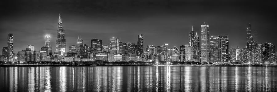 Chicago Skyline Photograph - Chicago Skyline 2021 NIGHT Panorama BW Black and White by Jon Holiday