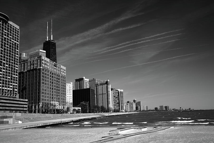 Chicago Skyline and Beach 2010 #2 BW Photograph by Frank Romeo