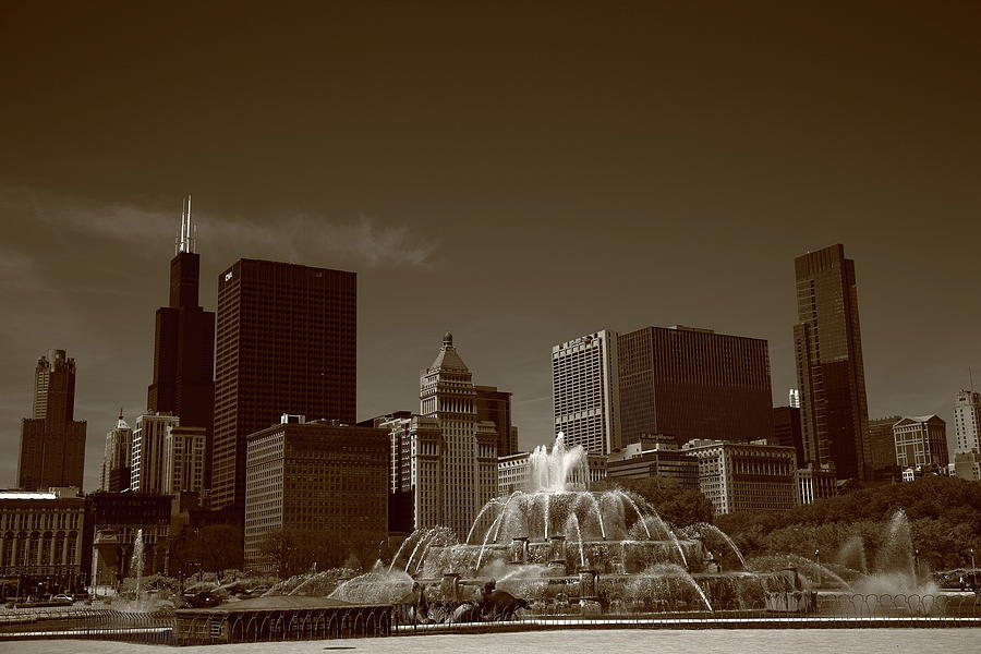 Chicago Skyline and Buckingham Fountain 2010 #4 Sepia Photograph by Frank Romeo