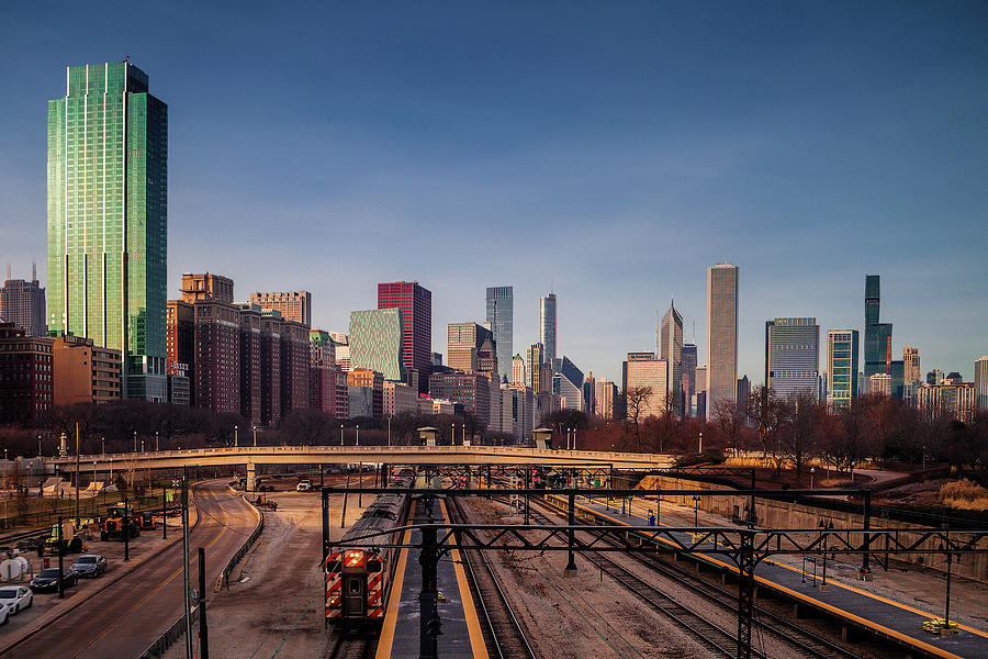 Chicago Skyline And Train Photograph