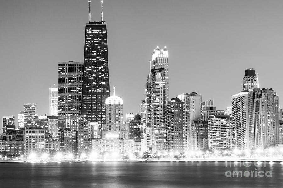 Chicago Skyline at Night Black and White Photo Photograph by Paul Velgos