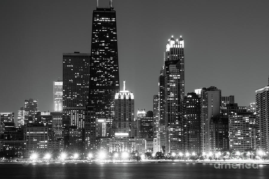 Chicago Skyline at Night Black and White Picture Photograph by Paul Velgos