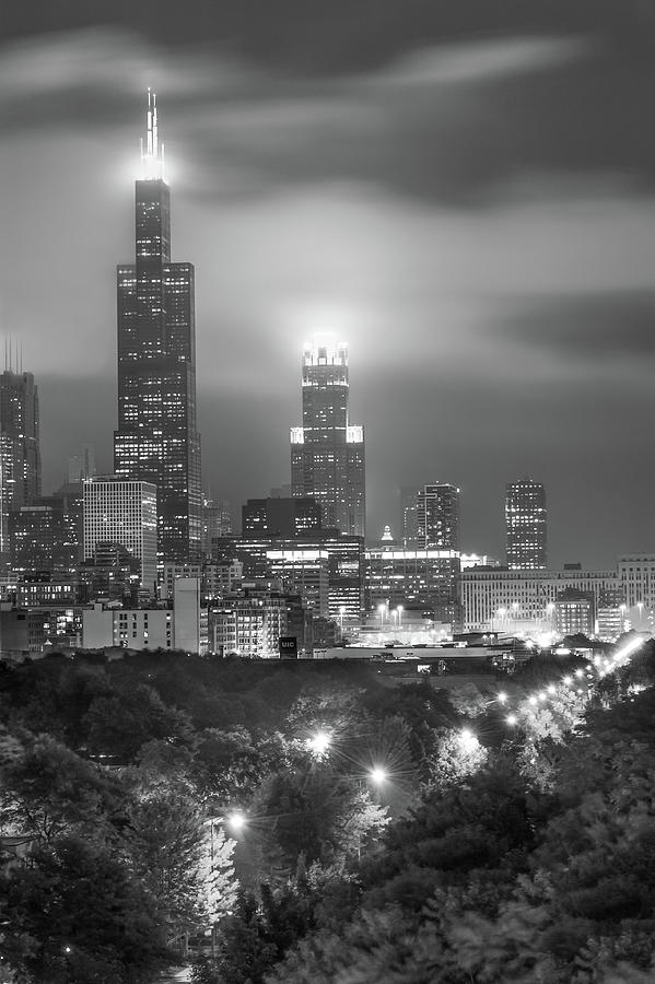Chicago Skyline At Night In Black And White Photograph