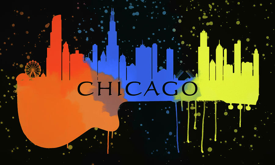 Chicago Skyline Color Splash Guitar Mixed Media by Dan Sproul - Pixels