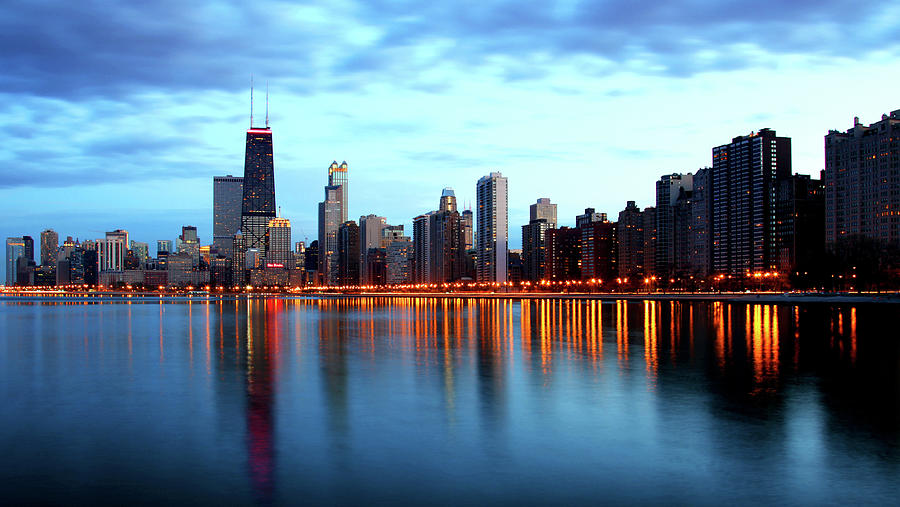 Chicago Skyline Dusk Lights Blue Water Photograph by Patrick Malon
