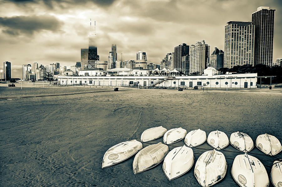 Chicago Skyline From North Avenue Beach in Sepia Photograph by Gregory Ballos