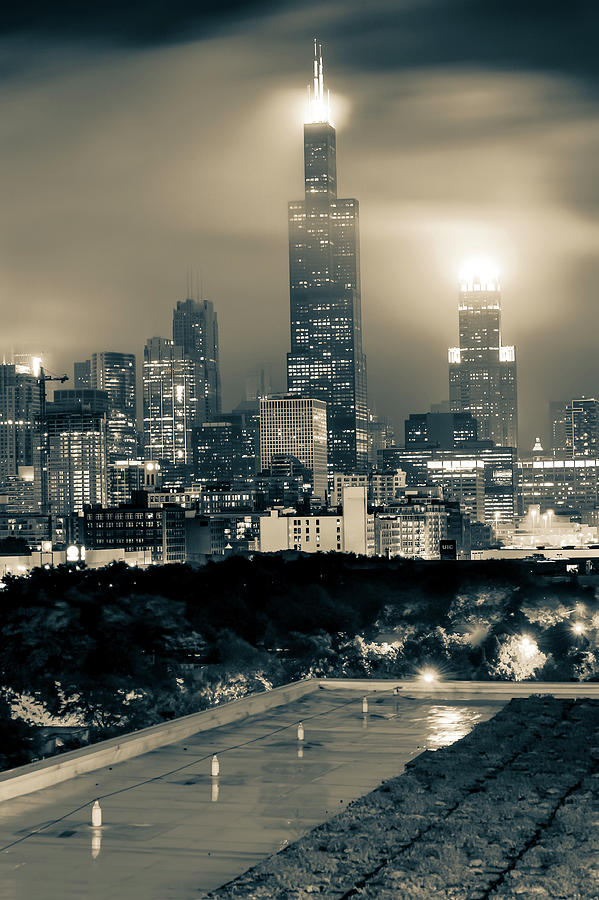 Chicago Skyline from the Rooftop - Sepia Photograph by Gregory Ballos