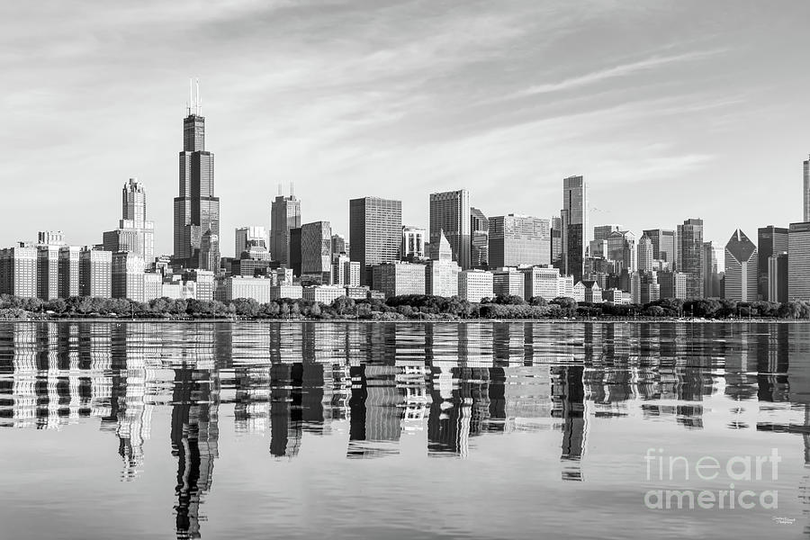 Chicago Skyline In Golden Sunlight Grayscale Photograph by Jennifer White