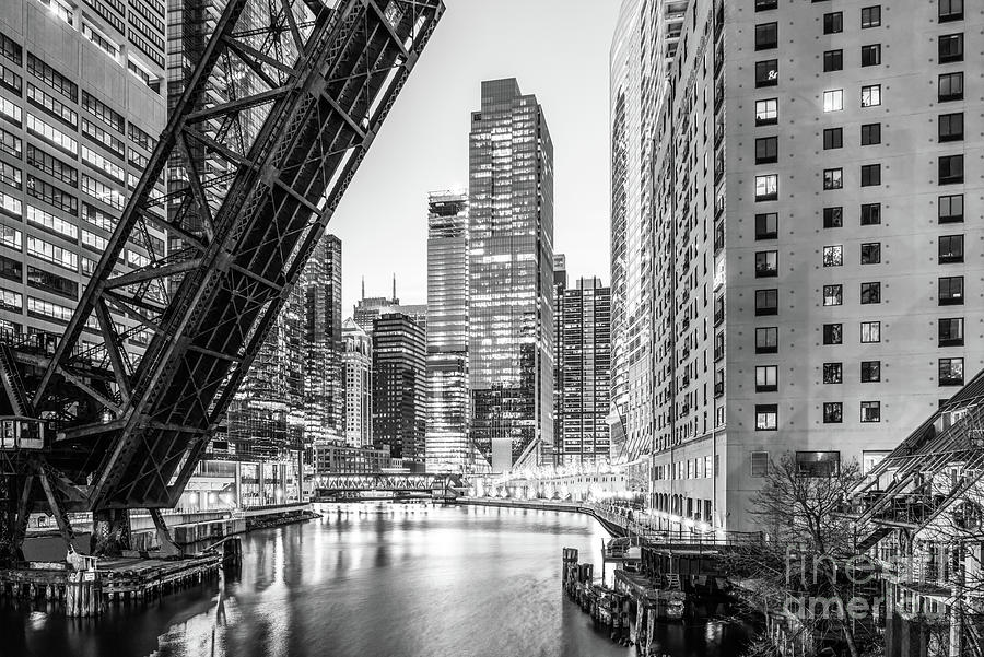 Chicago Skyline Kinzie Bridge in Black and White Photograph by Paul Velgos