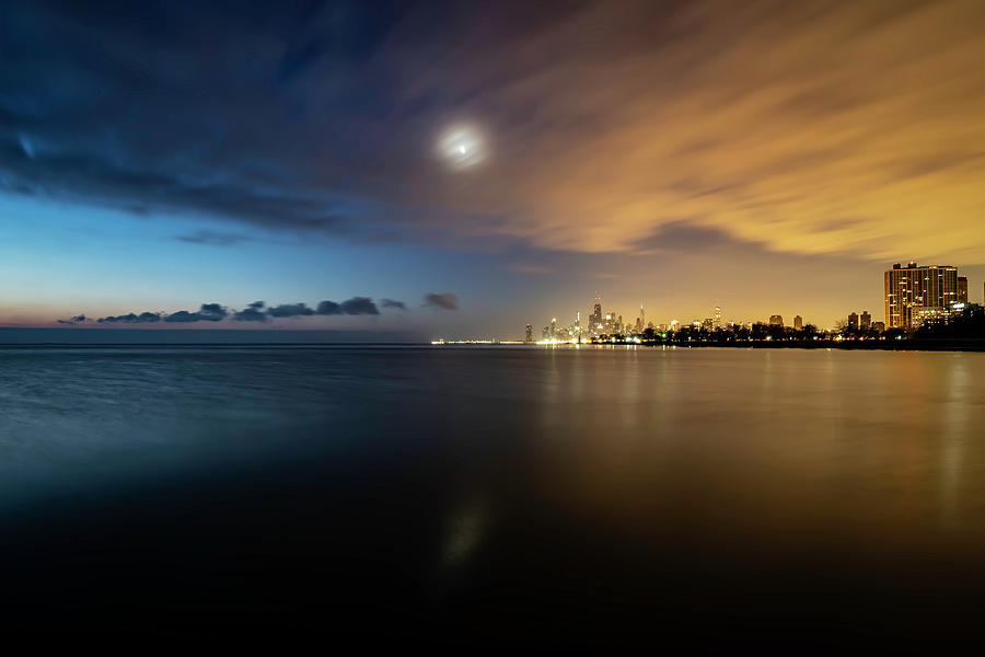 Chicago Skyline, moon and clouds in motion Photograph by Sven Brogren
