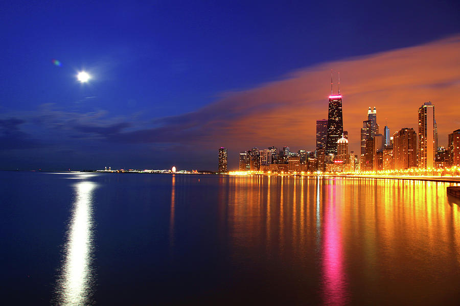 Chicago Skyline Moonlight Water Photograph by Patrick Malon
