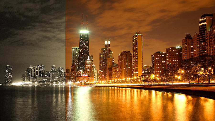 Chicago Skyline Night Lights Water Photograph by Patrick Malon