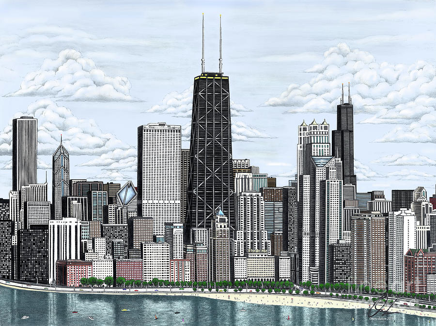 Chicago Skyline, Oak Street beach pencil drawing Drawing by Omoro Rahim