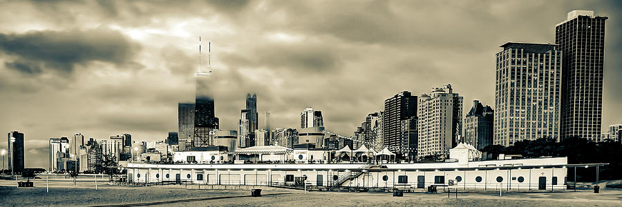 Chicago Skyline Panorama From North Avenue Beach - Sepia Photograph by Gregory Ballos