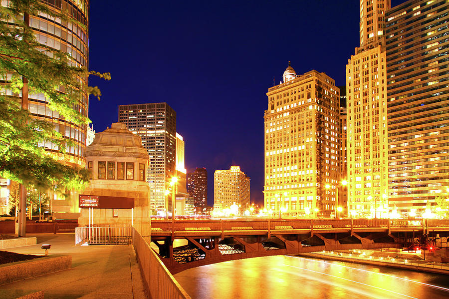 Chicago Skyline River Bridge Night Photograph by Patrick Malon