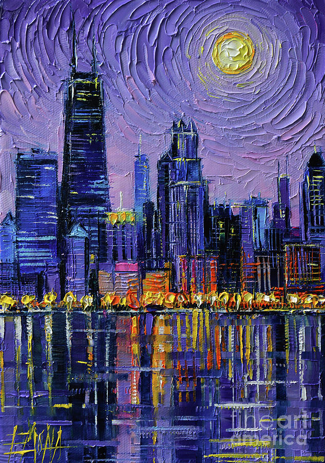 CHICAGO SKYLINE textured palette knife oil painting Mona Edulesco Painting by Mona Edulesco