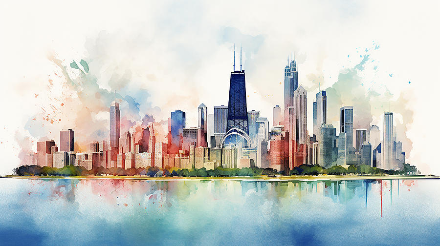 Chicago Skyline Watercolour #04 Mixed Media