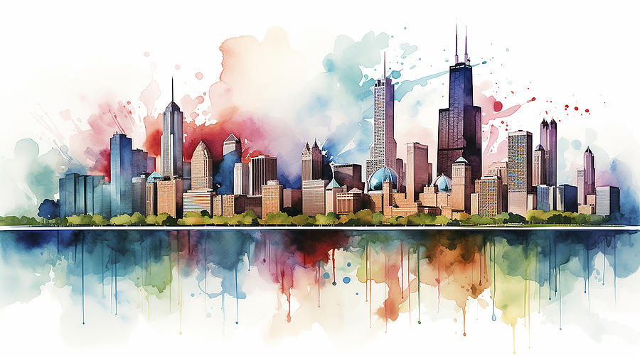 Chicago Skyline Watercolour #05 Mixed Media