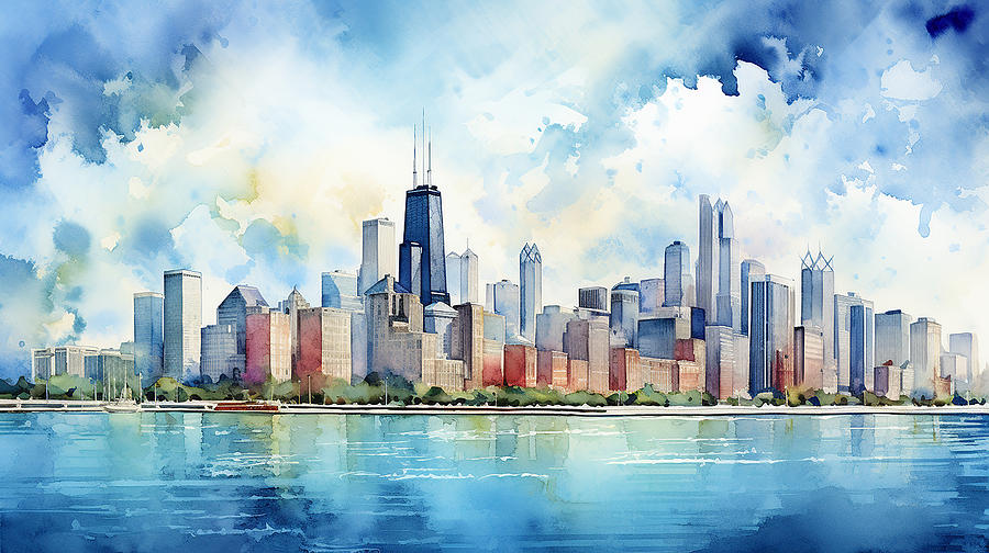 Chicago Skyline Watercolour #07 Mixed Media