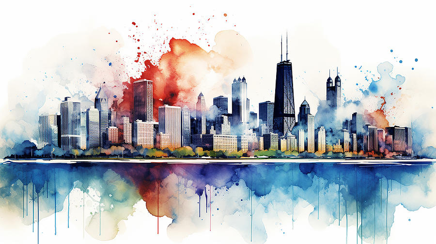 Chicago Skyline Watercolour #08 Mixed Media