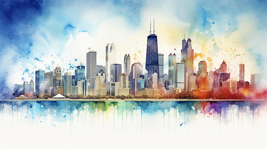 Chicago Skyline Watercolour #09 Mixed Media