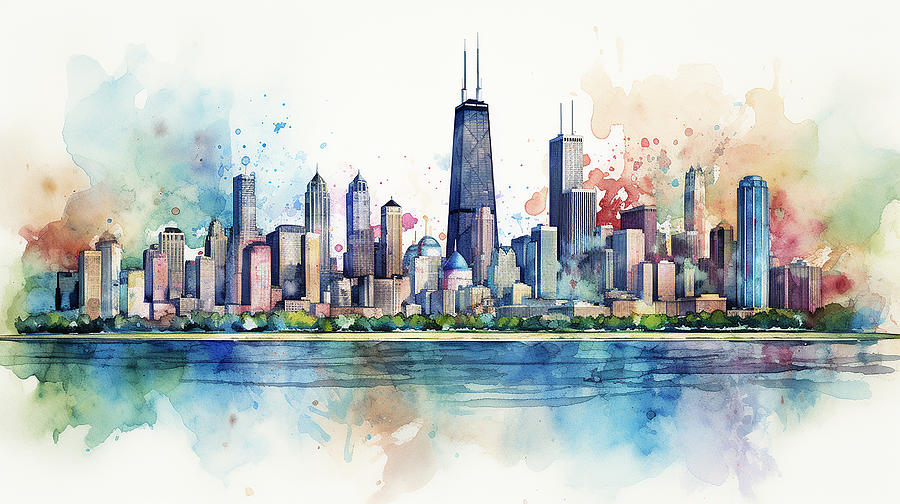 Chicago Skyline Watercolour #11 Mixed Media