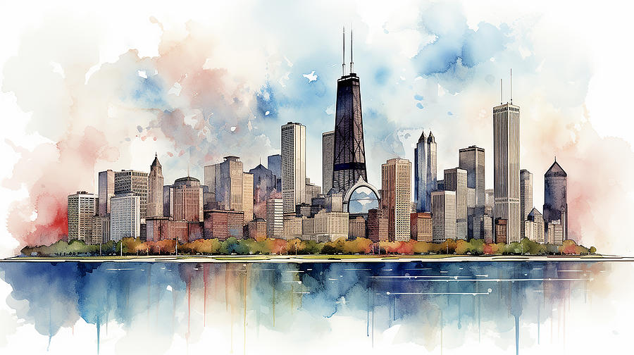 Chicago Skyline Watercolour #12 Mixed Media