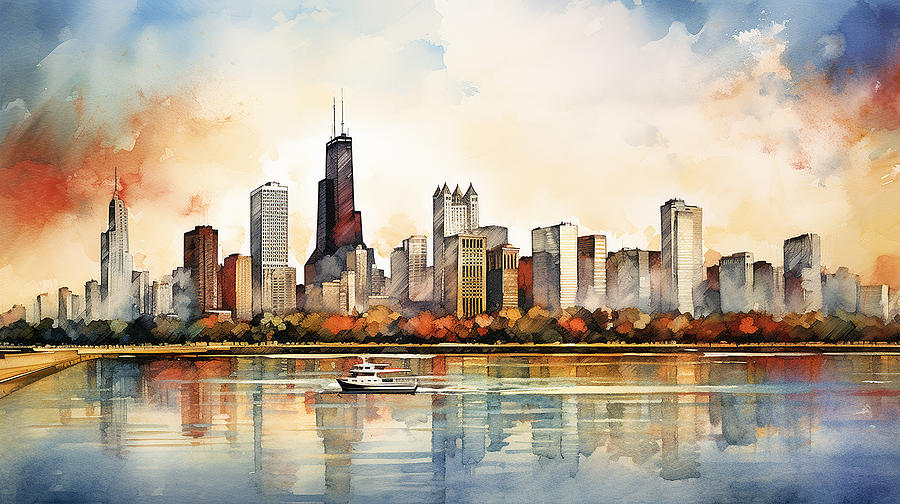 Chicago Skyline Watercolour #14 Mixed Media