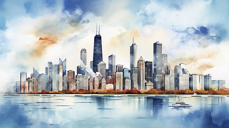 Chicago Skyline Watercolour #15 Mixed Media