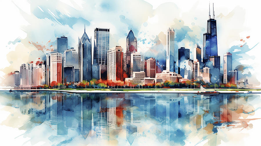 Chicago Skyline Watercolour #22 Mixed Media
