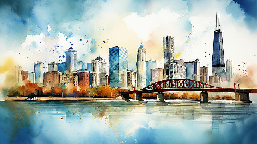 Chicago Skyline Watercolour #23 Mixed Media