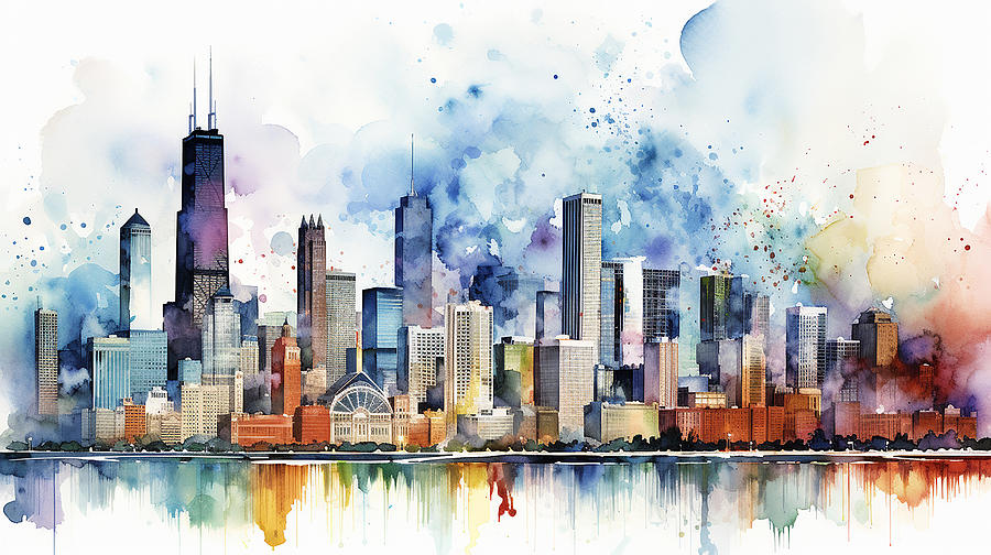 Chicago Skyline Watercolour #24 Mixed Media