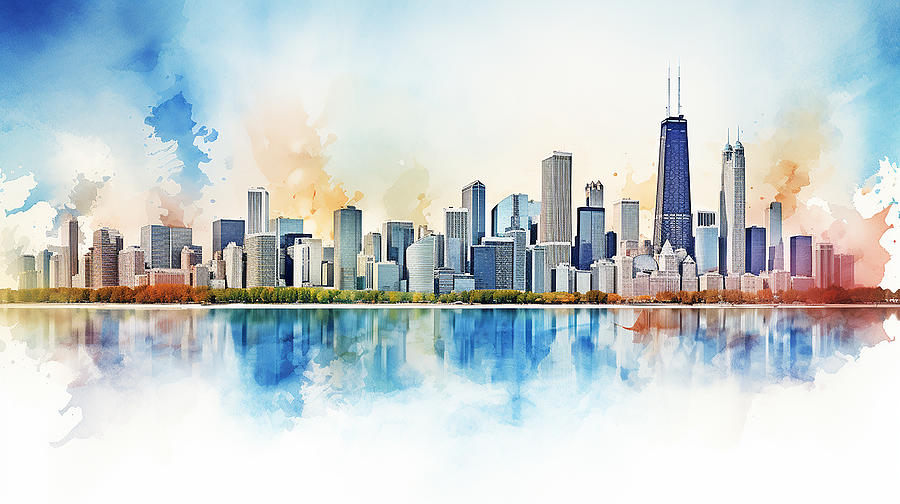 Chicago Skyline Watercolour #25 Mixed Media