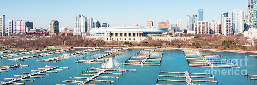 Chicago Soldier Field and Burnham Harbor Panoramic Aerial Photograph by Paul Velgos