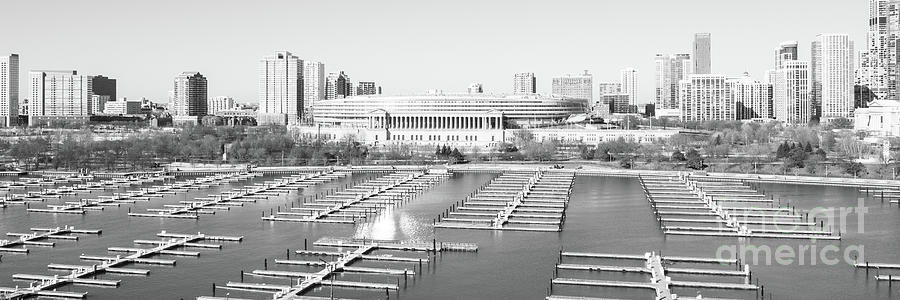 Chicago Soldier Field Black and White Panoramic Aerial Photograph by Paul Velgos