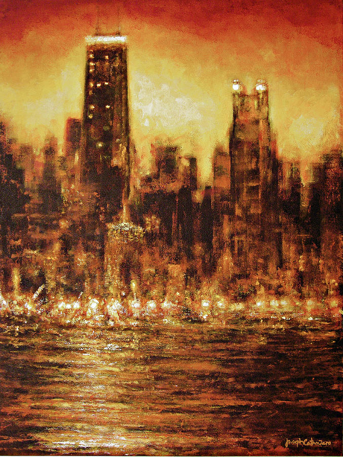 Chicago Sunset - As The Lights Go On Painting by Joseph Catanzaro ...