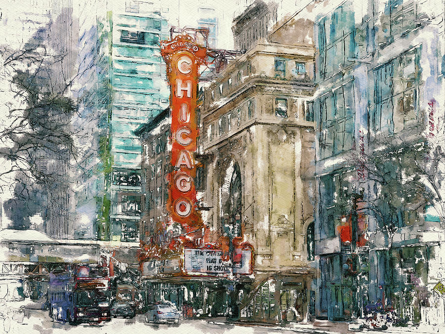 Chicago Theater in Water Digital Art by Yury Malkov