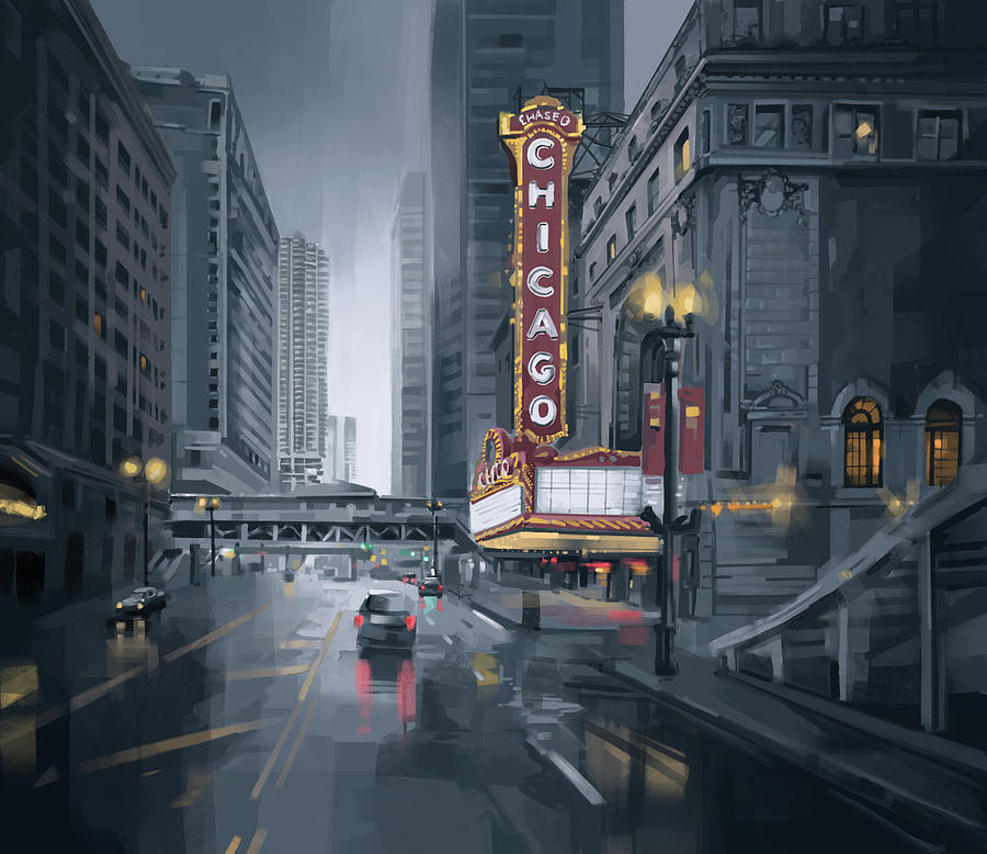 Chicago Theatre Rainy Scene Digital Art