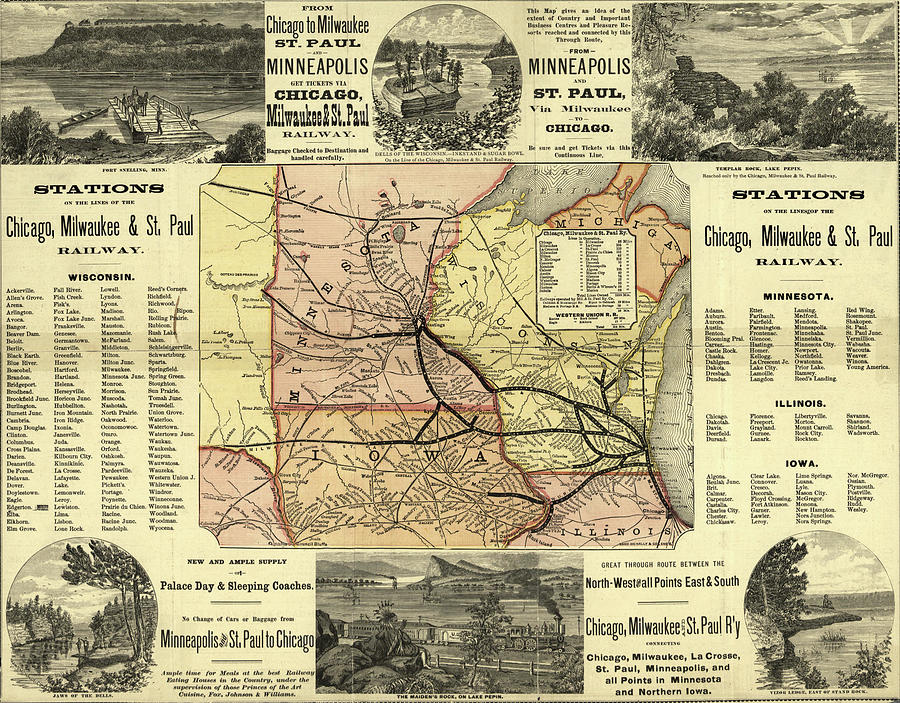 Map Drawing - Chicago to Milwaukee Railroad Map 1874 by Vintage Maps