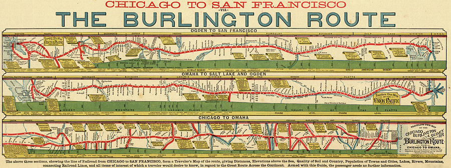 Transportation Drawing - Chicago to San Francisco via the Burlington Route by Vintage Maps