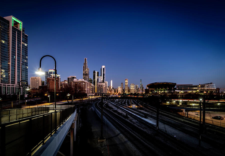Chicago train yard and Skyline Photograph by Sven Brogren
