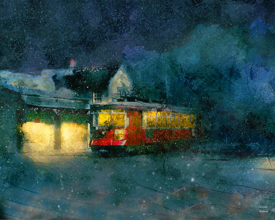 Chicago Trolley - Milwaukee and Devon turnaround in the Snow Painting by Glenn Galen