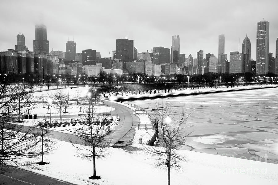 Chicago Winter Skyline Black and White Photo Photograph by Paul Velgos