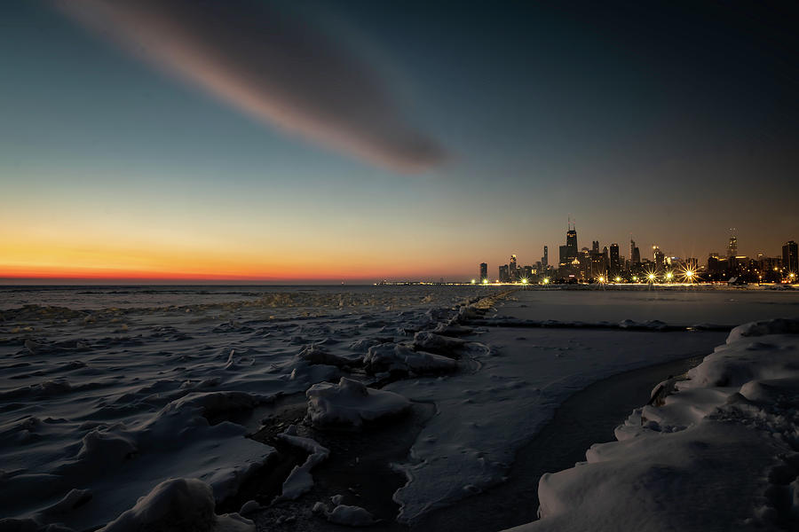 Chicagos lakefront on snowy morning Photograph by Sven Brogren