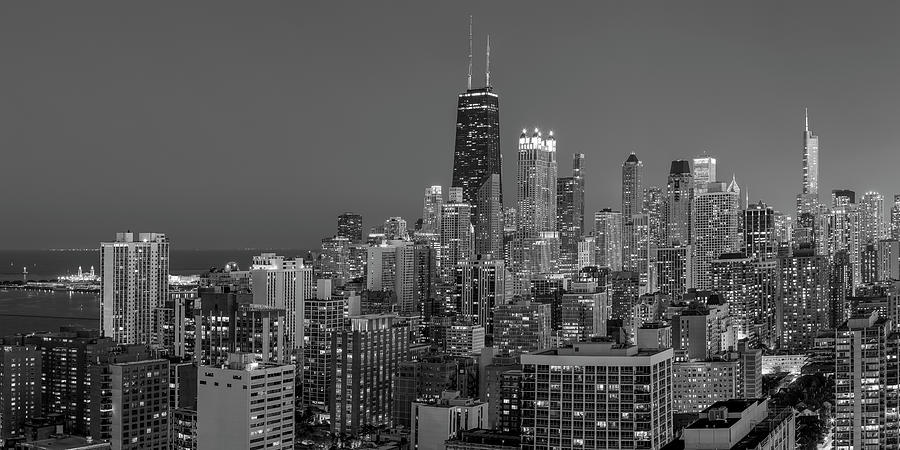Chicagos Streeterville at Dusk Panoramic BW Photograph by Adam Romanowicz