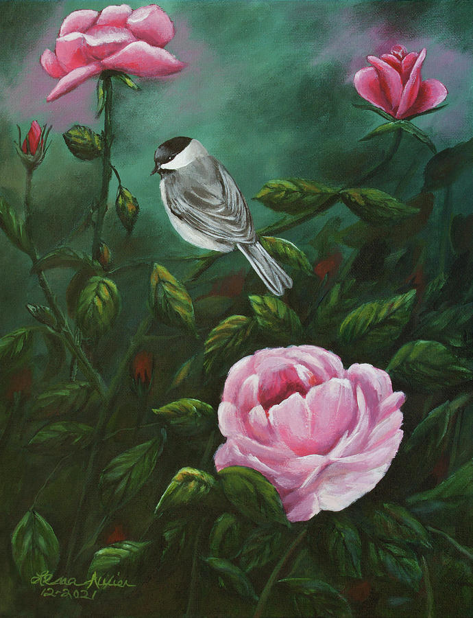 Chickadee and Roses Painting by Lena Auxier