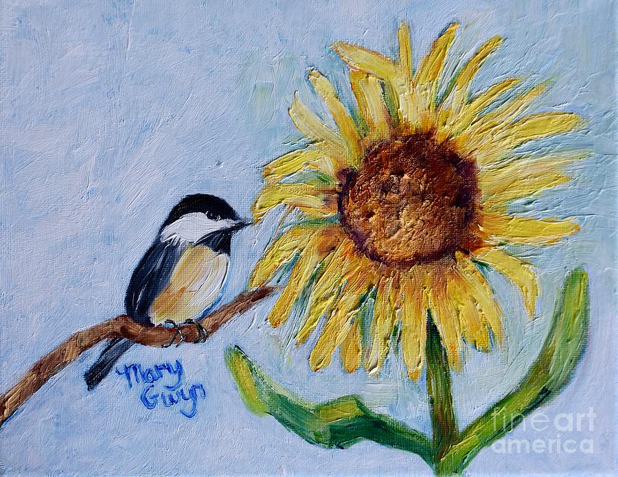 Chickadee and sunflower Painting by Mary Gwyn Bowen