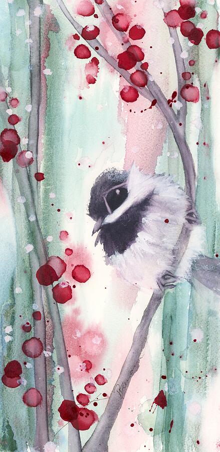 Chickadee and Winterberries Painting by Dawn Derman