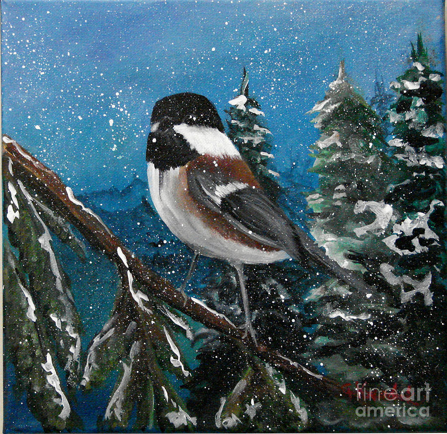Chickadee in snow Painting by Carol Kovalchuk