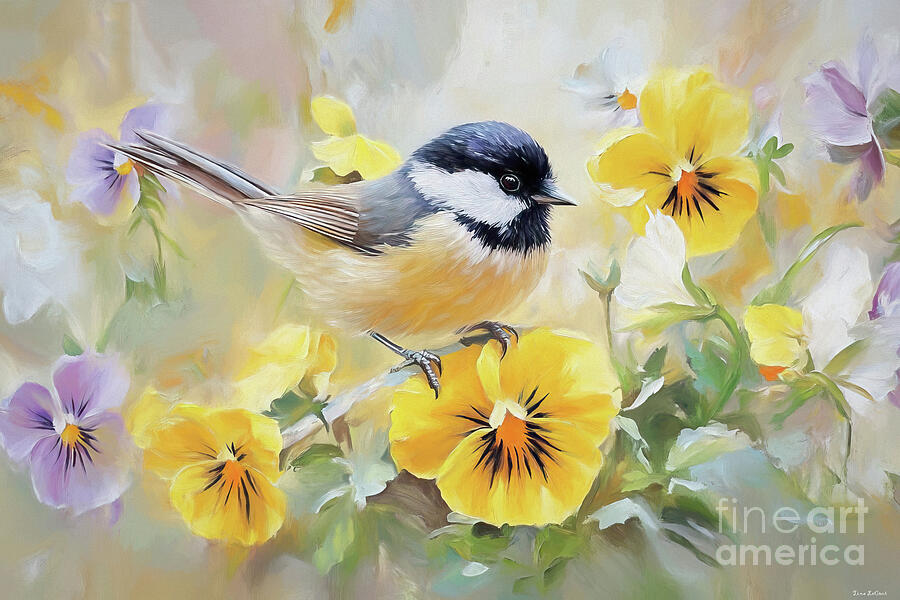 Chickadee In The Pansies Painting by Tina LeCour Chickadee In The Pansies Painting by Tina LeCour
